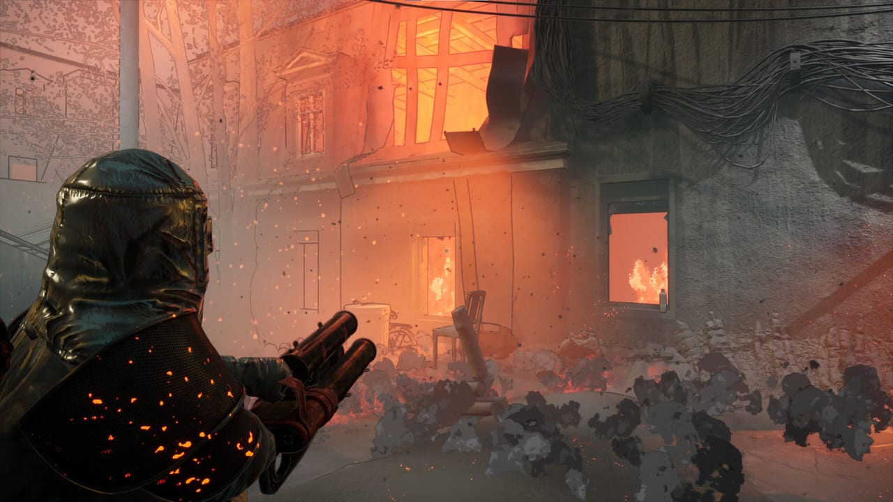 Frank in a reflective rescue suit standing in a volcanic street as fire and ash close in during an Into the Fire expedition.